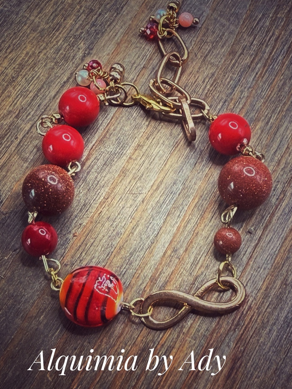 Sunstone/Goldstone and bamboo coral maxi beads chunky gold adjustable bracelet
